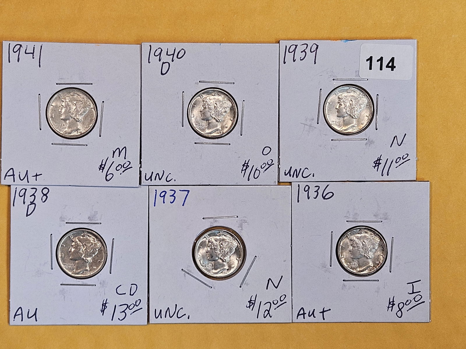 Six mixed silver Mercury Dimes (1 of 2)