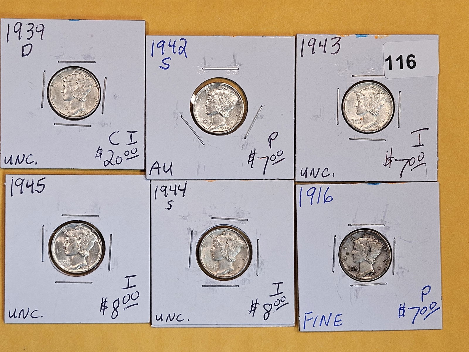 Six mixed silver Mercury Dimes (1 of 2)