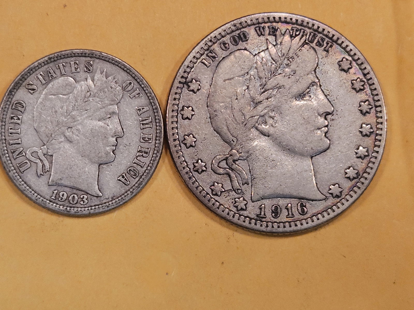 Two silver Barber-series coins in Very Fine (1 of 3)