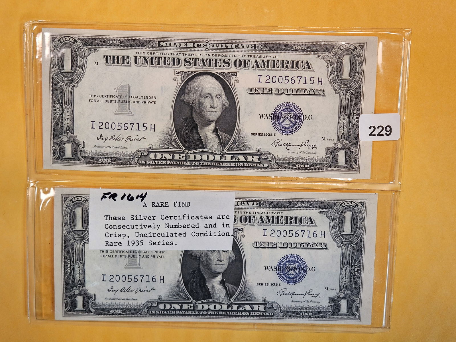 Two Crisp Uncirculated, consecutive, 1935-E One Dollar Silver Certificates (1 of 2)