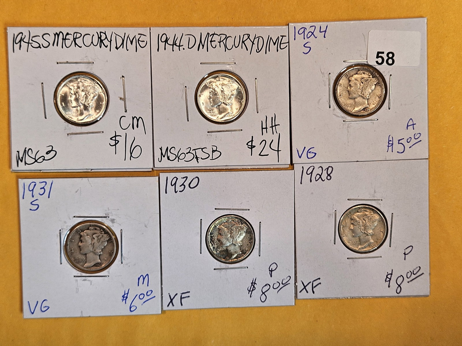 Six mixed silver Mercury Dimes (1 of 2)