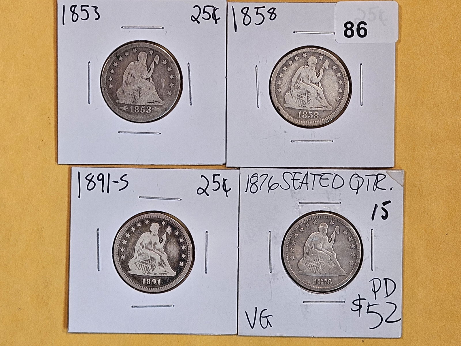 Four different Seated Liberty silver Quarters (1 of 2)