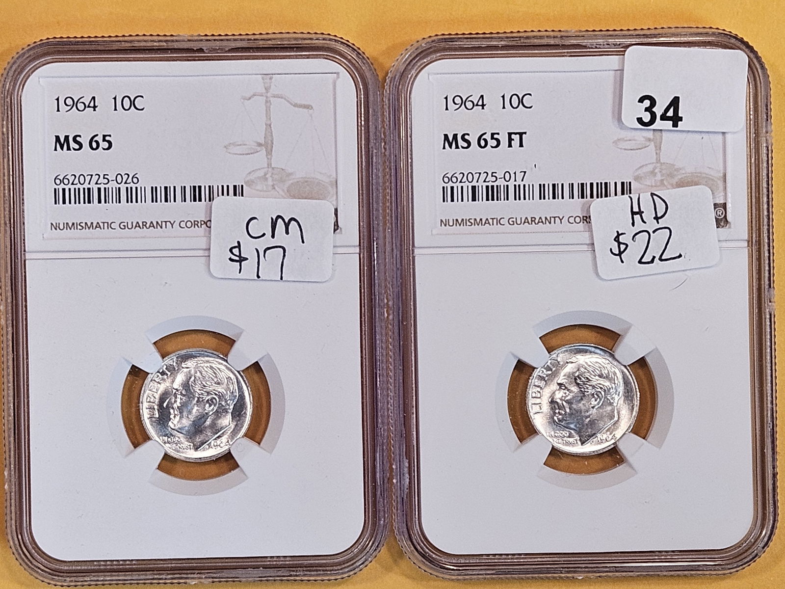 Two GEM NGC-graded silver 1964 Roosevelt Dimes (1 of 2)