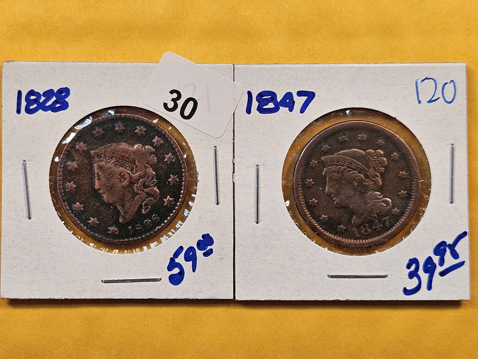 1828 Coronet Head Large Cent and 1847 Braided Hair Large Cent (1 of 6)