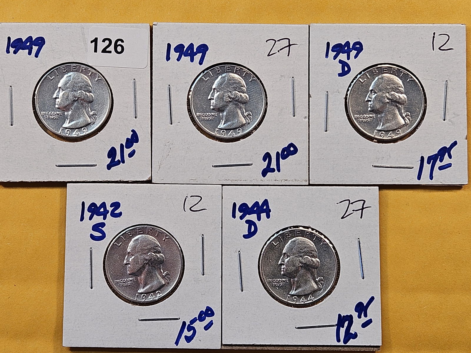 Five Lightly Circulated Washington Silver Quarters (1 of 2)