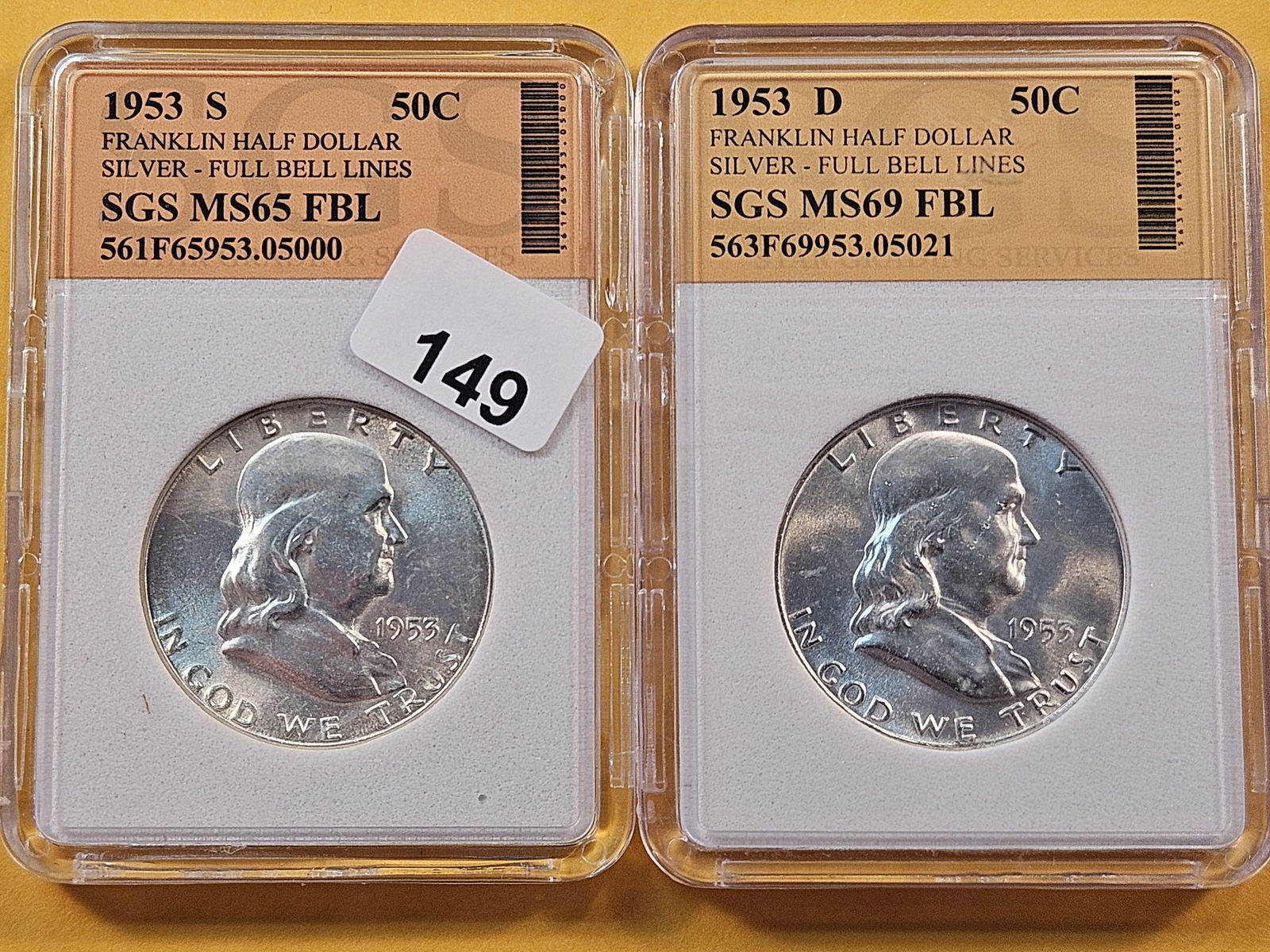 Two Choice Brilliant Uncirculated SGS-Graded Franklin Half Dollars (1 of 6)