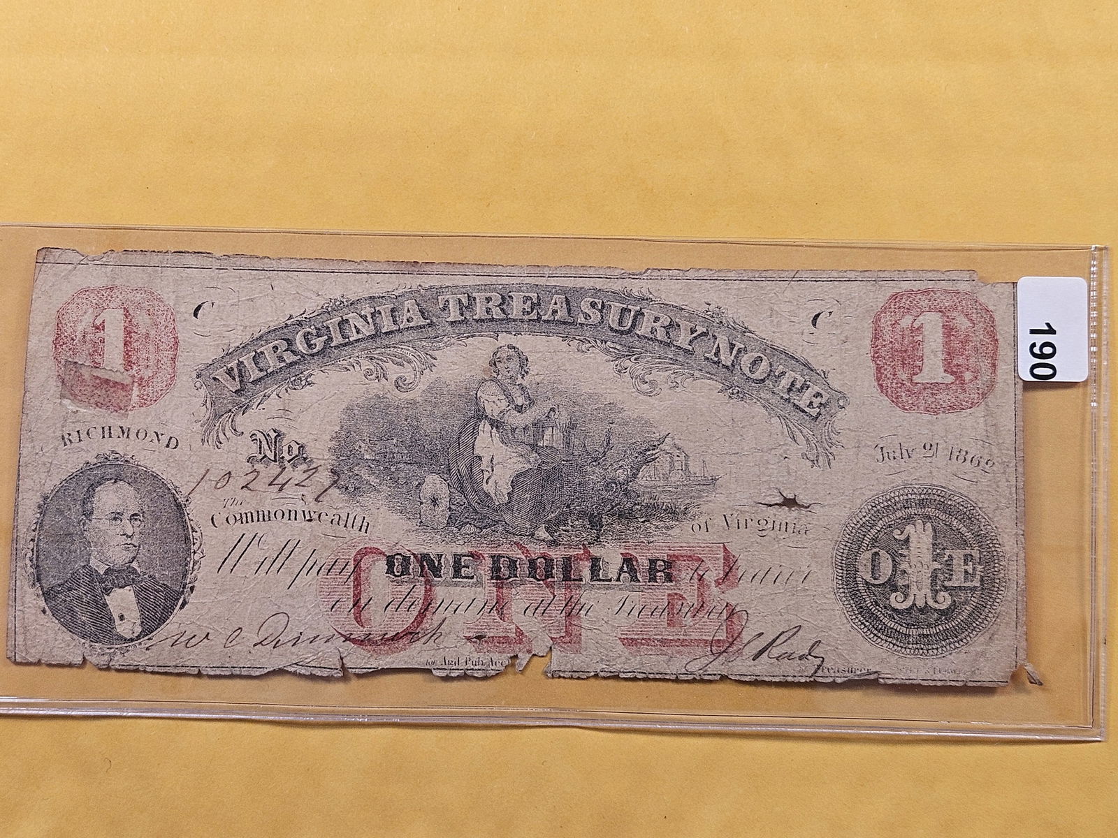1862 One Dollar Virginia Treasury Note (1 of 2)