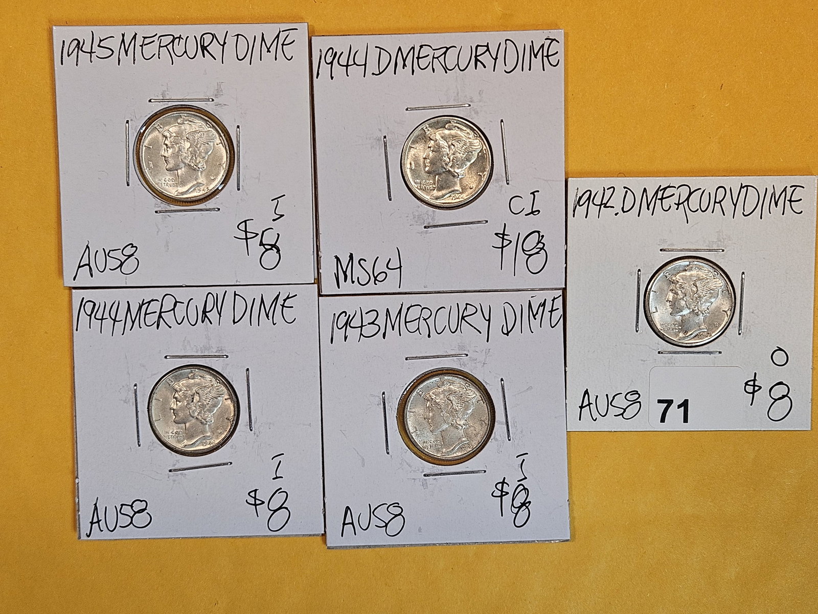Five Brilliant AU to BU silver Mercury Dimes (1 of 2)