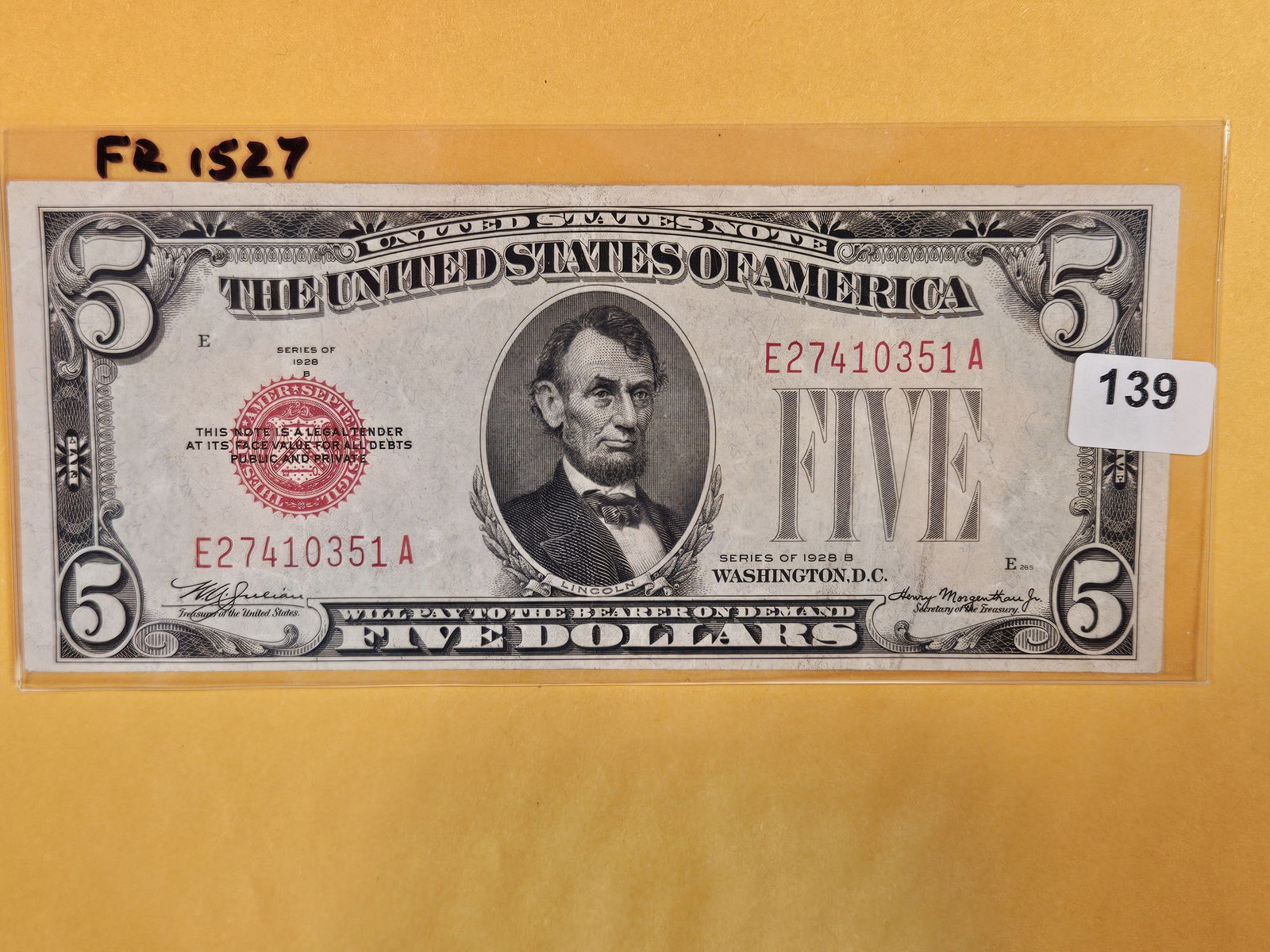 Crisp XF-AU 1928-B Five Dollar Red Seal US Note (1 of 2)
