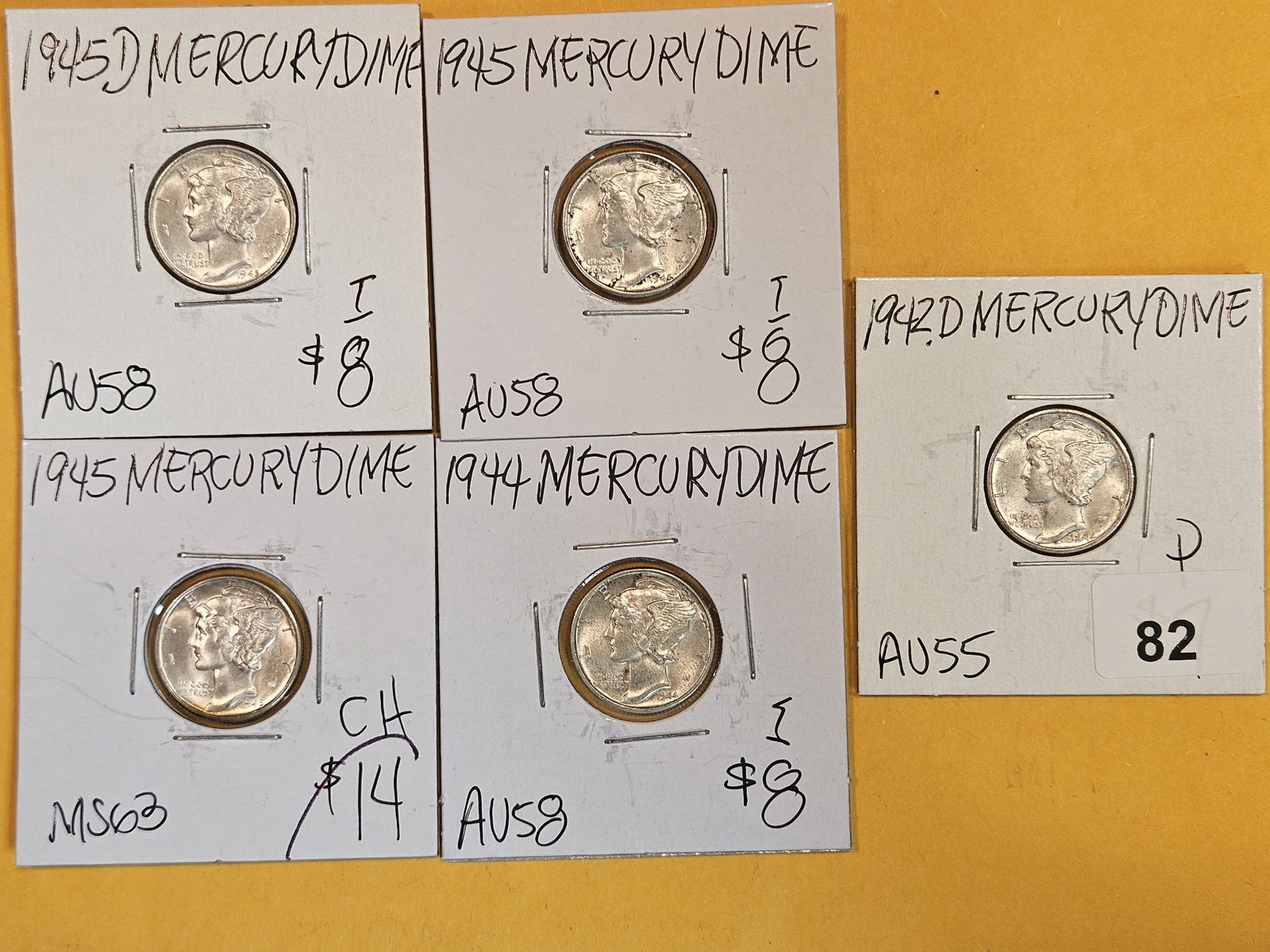 Five Brilliant AU to BU silver Mercury Dimes (1 of 2)