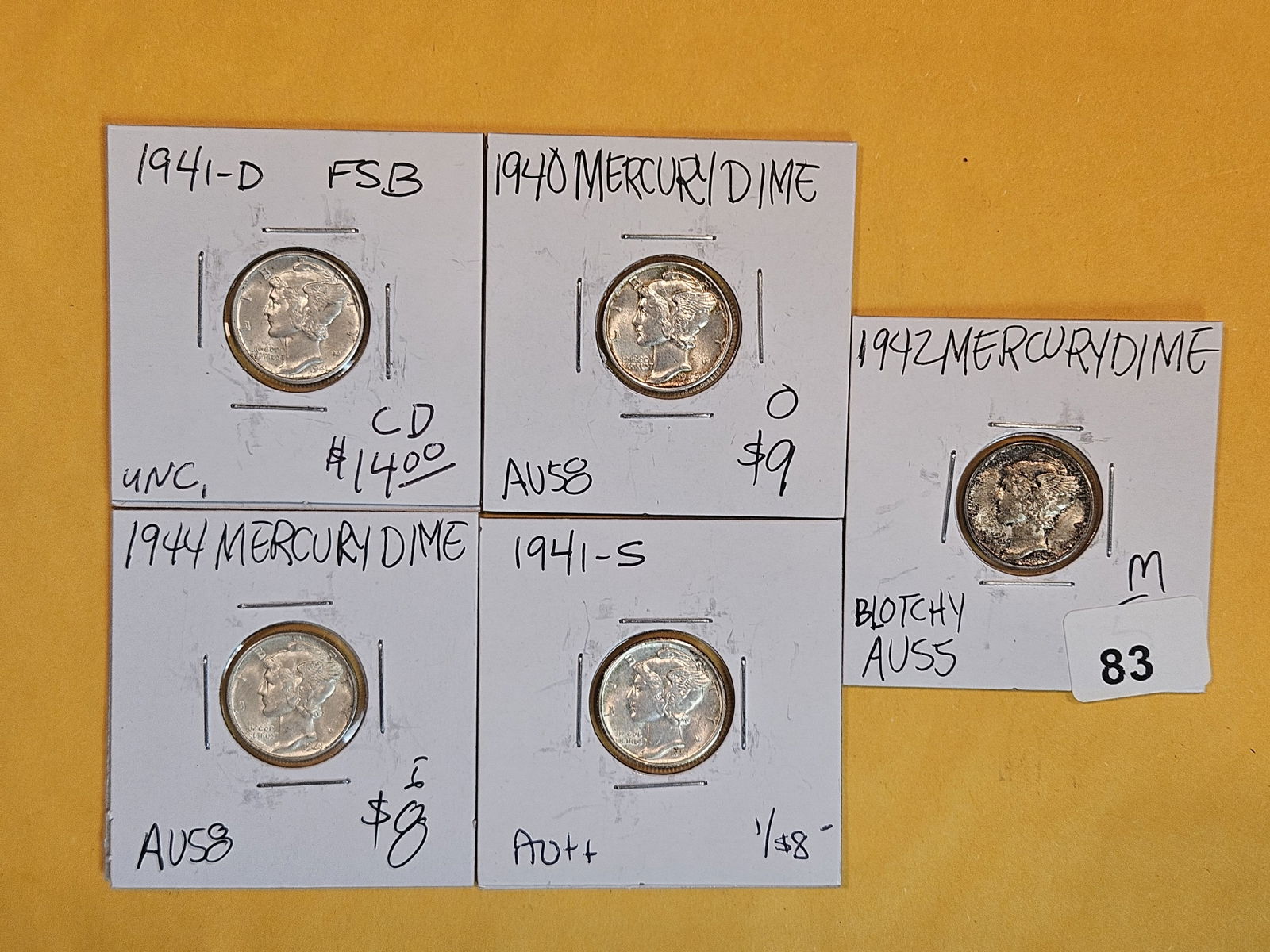 Five Brilliant AU to BU silver Mercury Dimes (1 of 2)
