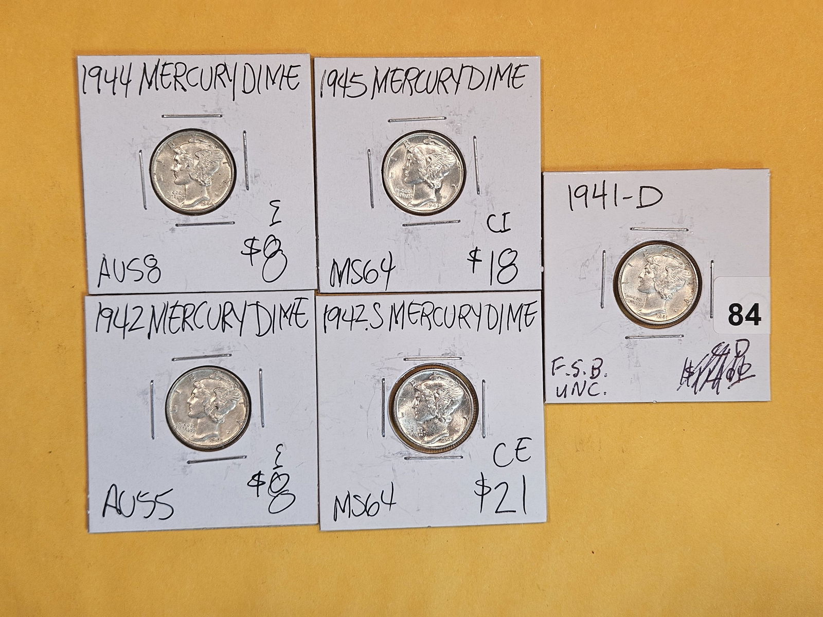 Five Brilliant AU to BU silver Mercury Dimes (1 of 2)
