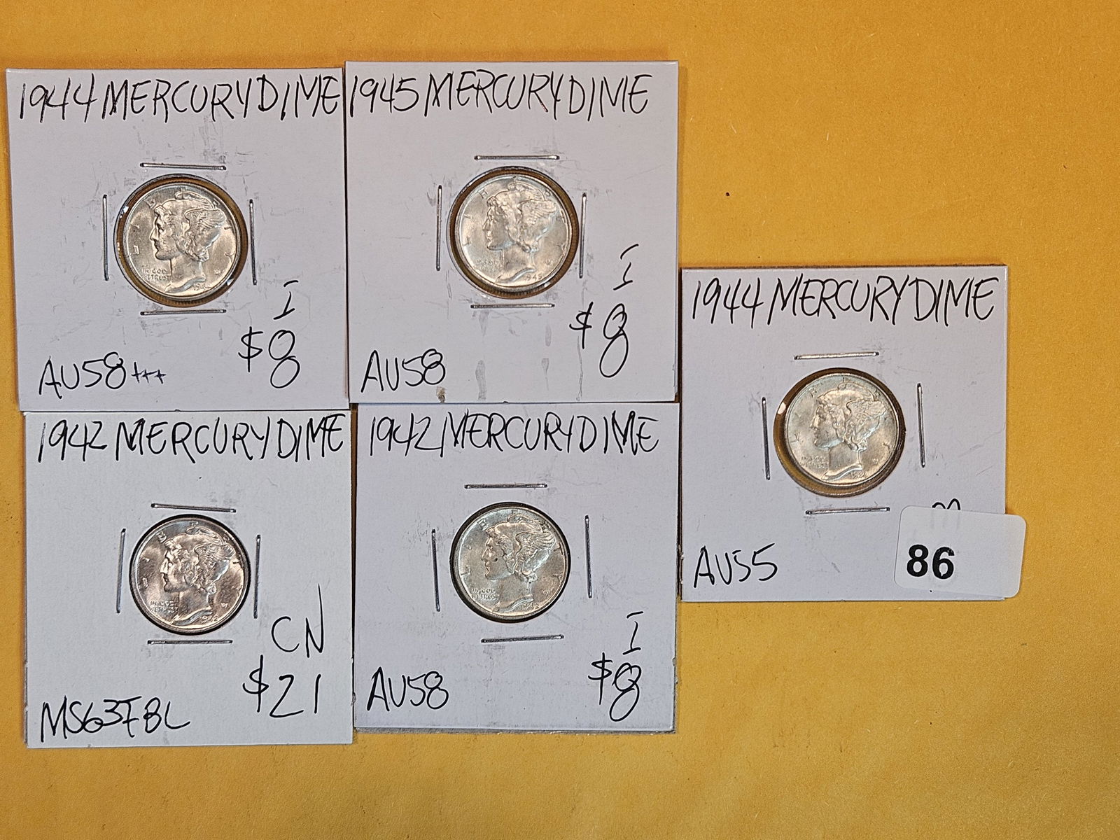 Five Brilliant AU to BU silver Mercury Dimes (1 of 2)