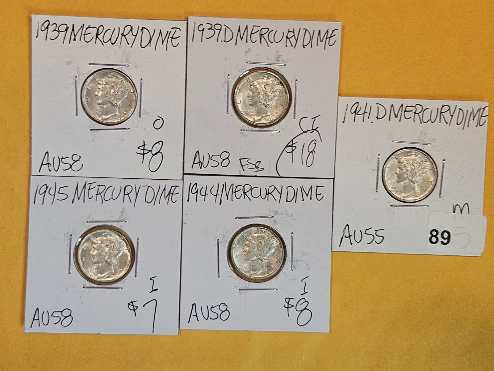 Five Brilliant AU to BU silver Mercury Dimes (1 of 2)