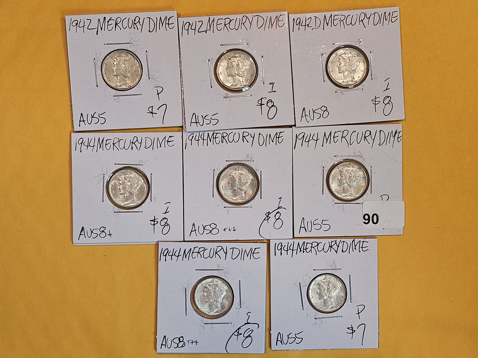 Eight Brilliant AU to BU silver Mercury Dimes (1 of 2)