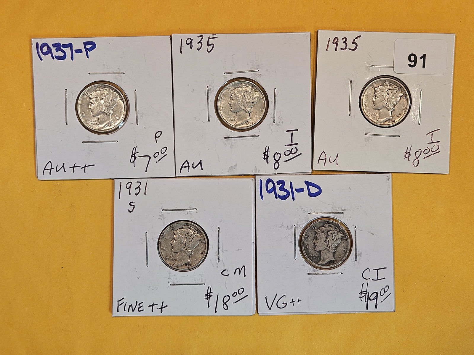 Five mixed 1930's Mercury Silver Dimes (1 of 2)