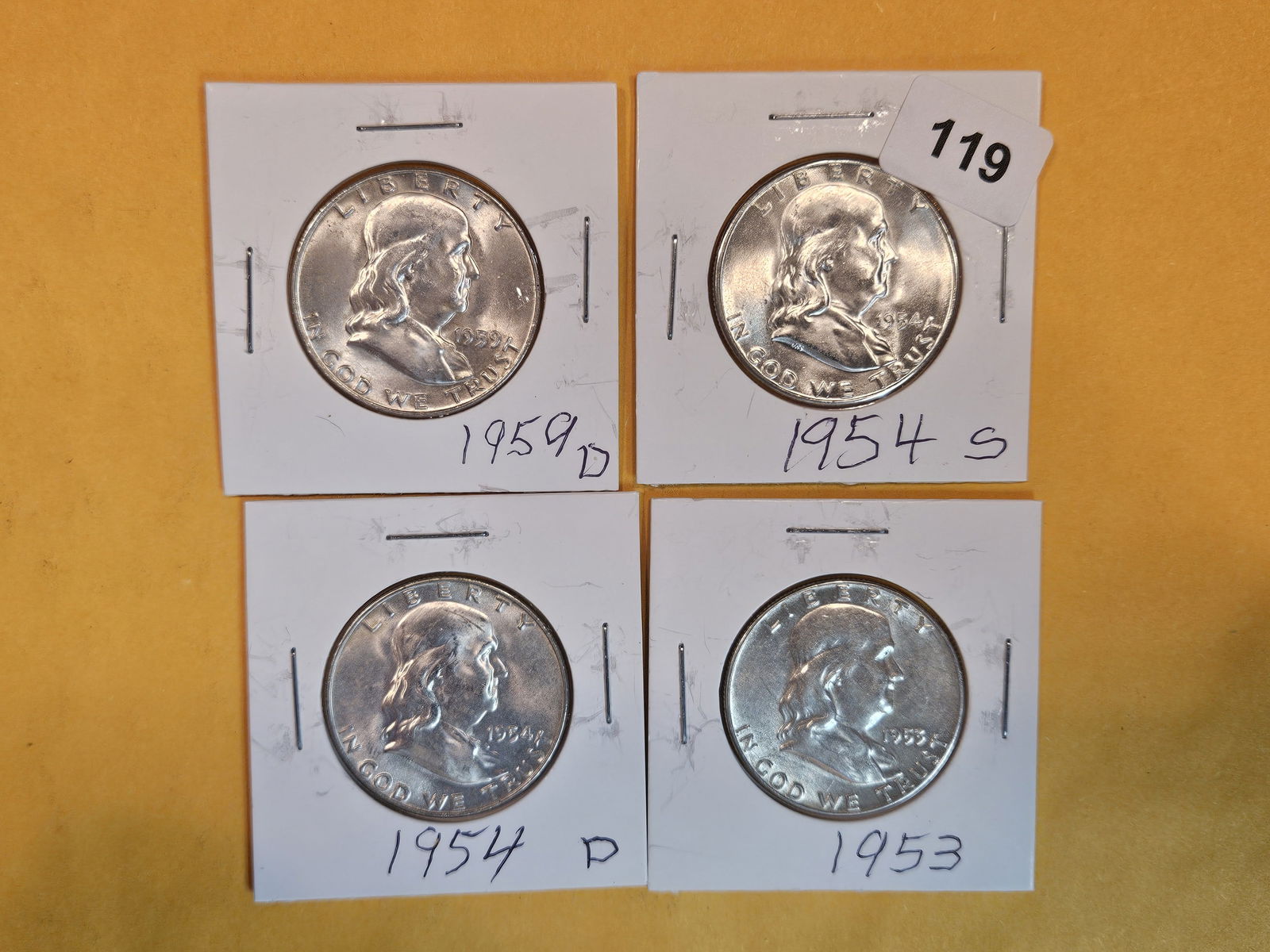 Four BU to Choice Brilliant Uncirculated Franklin silver Half Dollars (1 of 2)