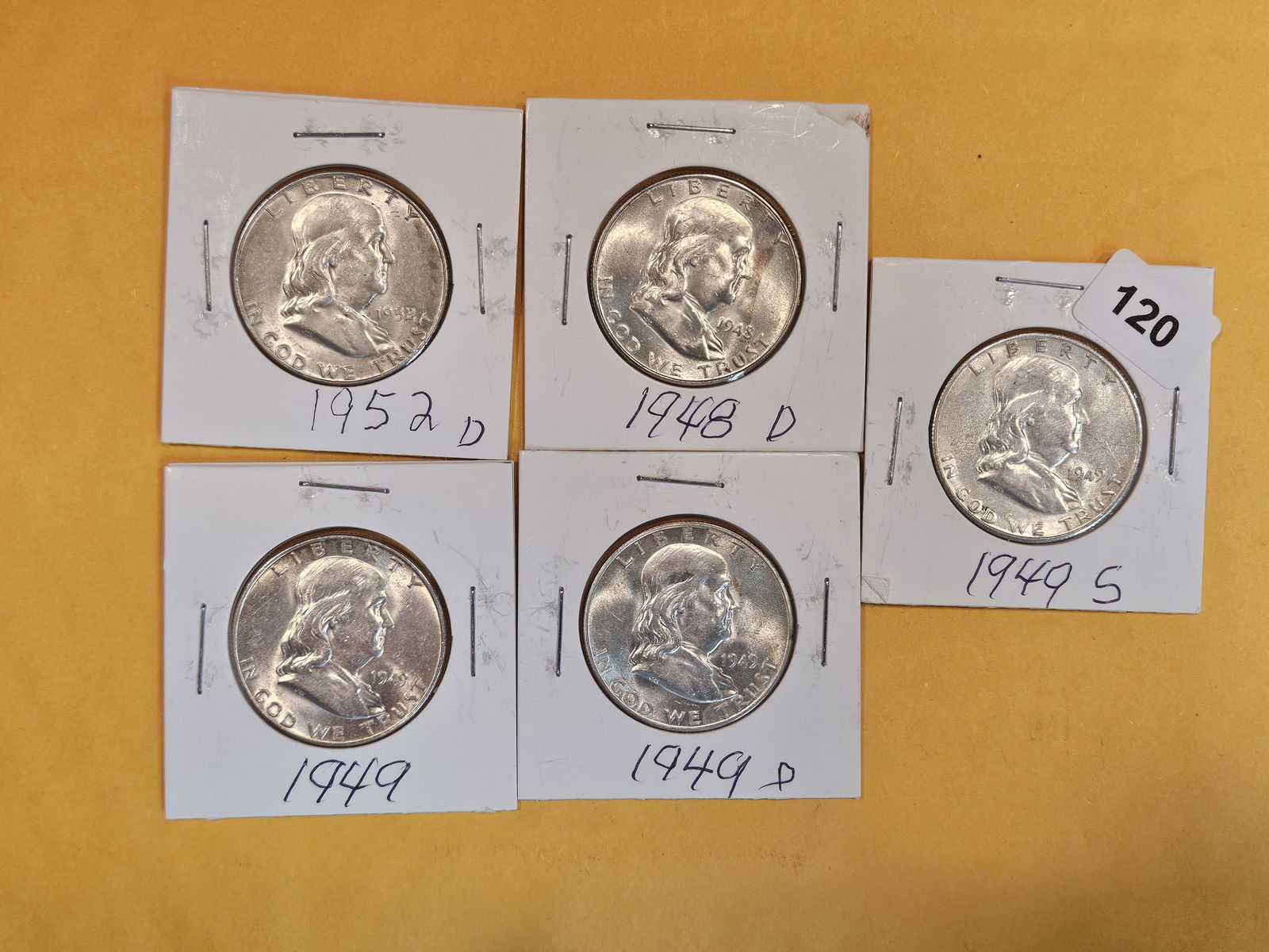 Five AU to Choice Brilliant Uncirculated Franklin silver Half Dollars (1 of 2)