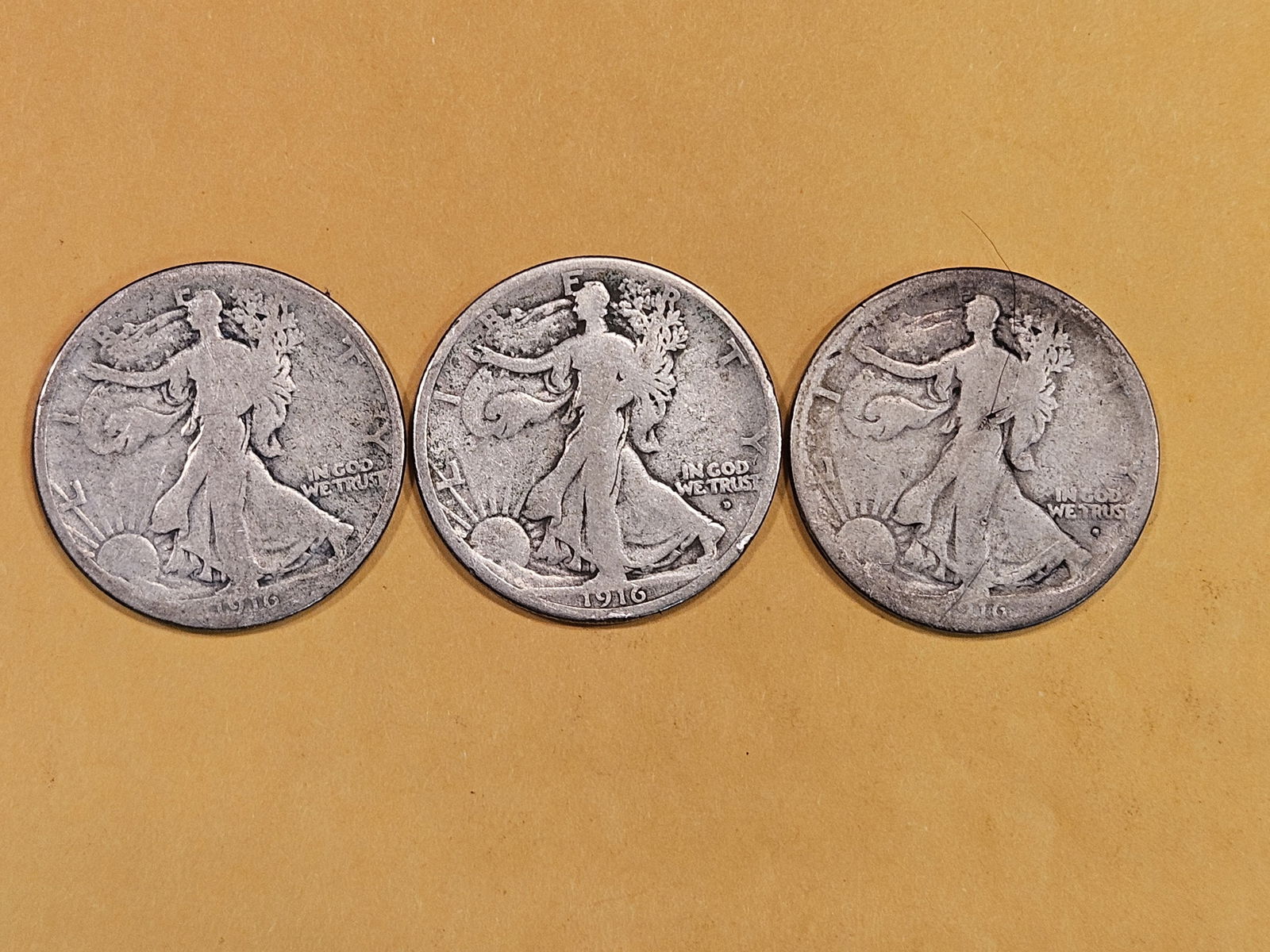 ** KEY DATE TRIO ** 1916 P-D-S Walking Liberty Half Dollar set (1 of 4)