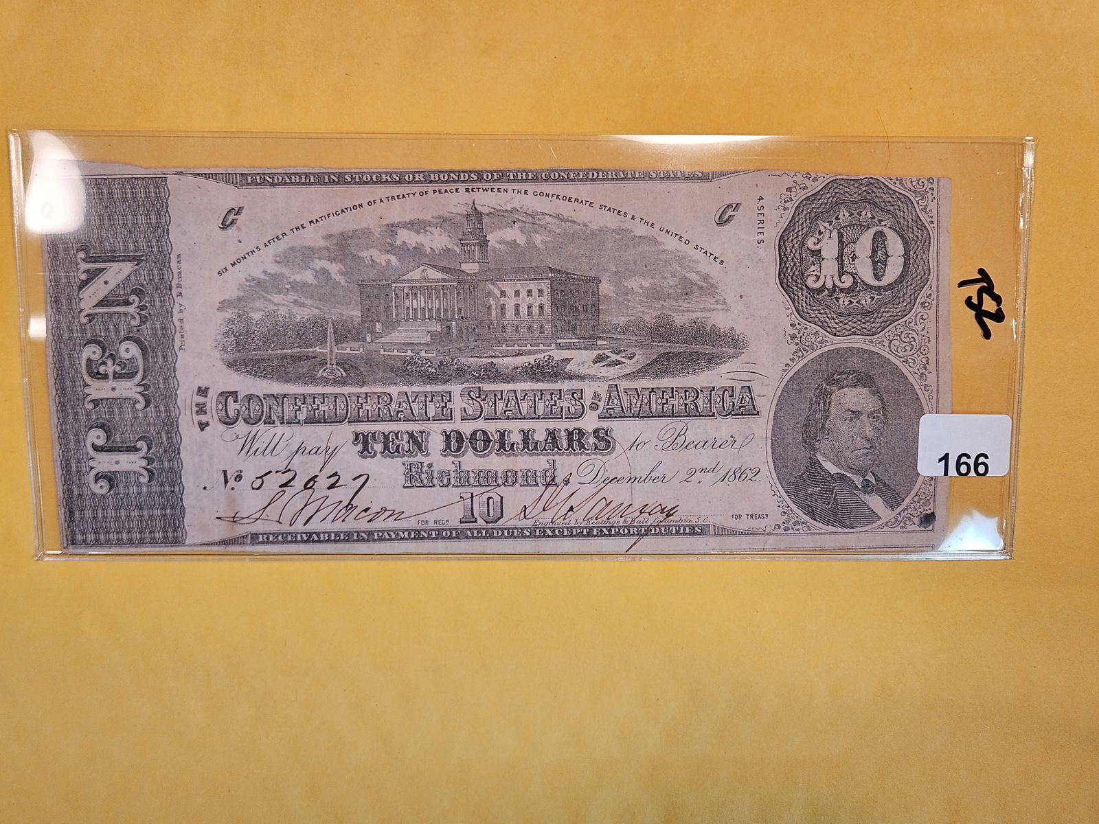 1862 Confederate States of American Ten Dollars (1 of 2)