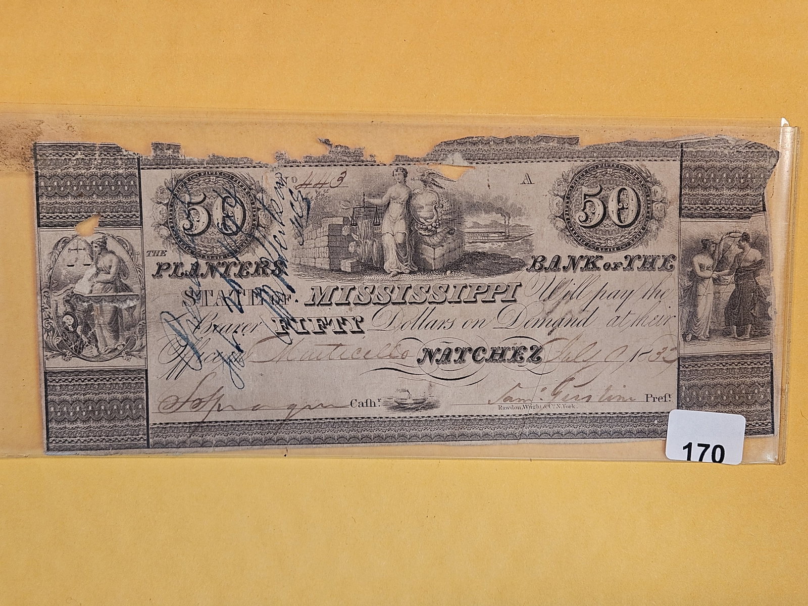 Obsolete 1835 Planters Bank of Mississippi Five Dollar Note: Natchez