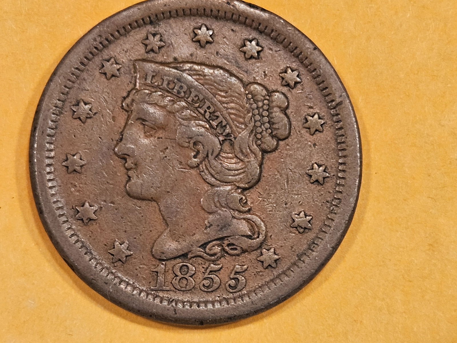 1855 Slanted 5's Braided Hair Large Cent (1 of 4)