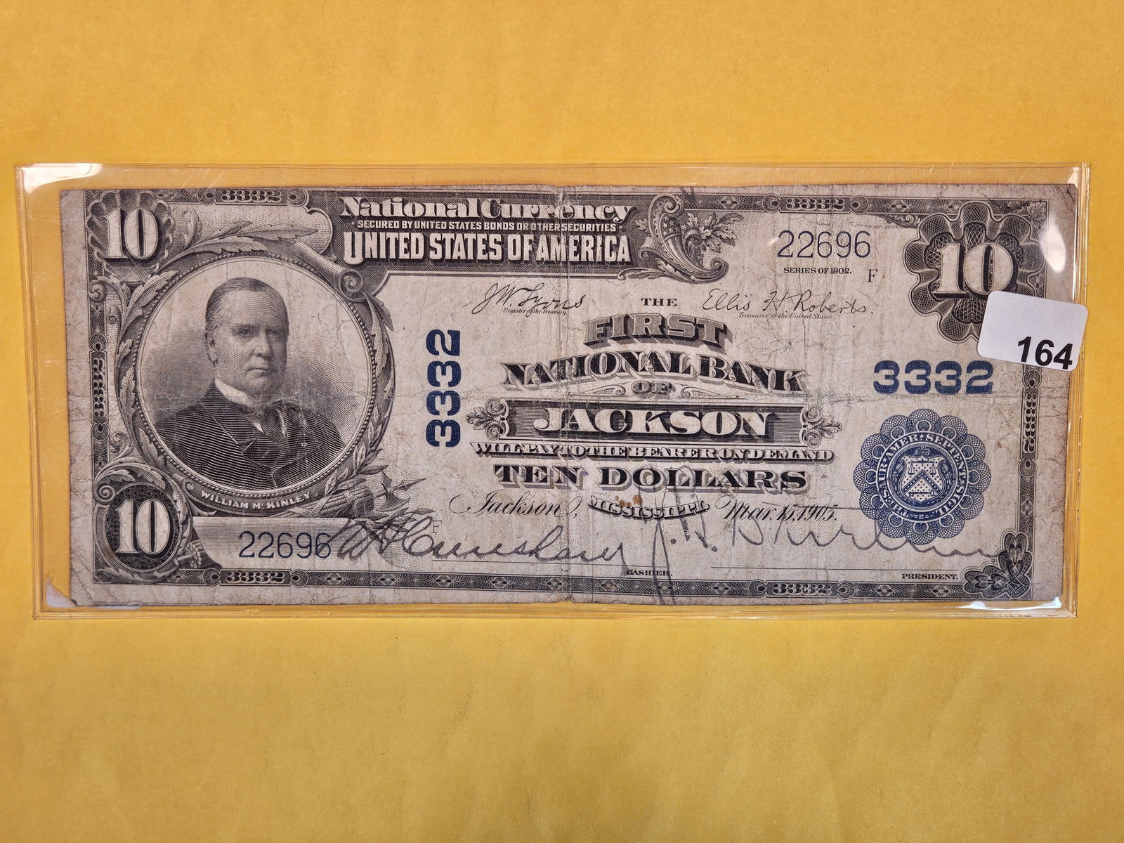 Series of 1902 Large Size Ten Dollar National Currency: Blue Seal! First National Bank of Jackson Mississippi