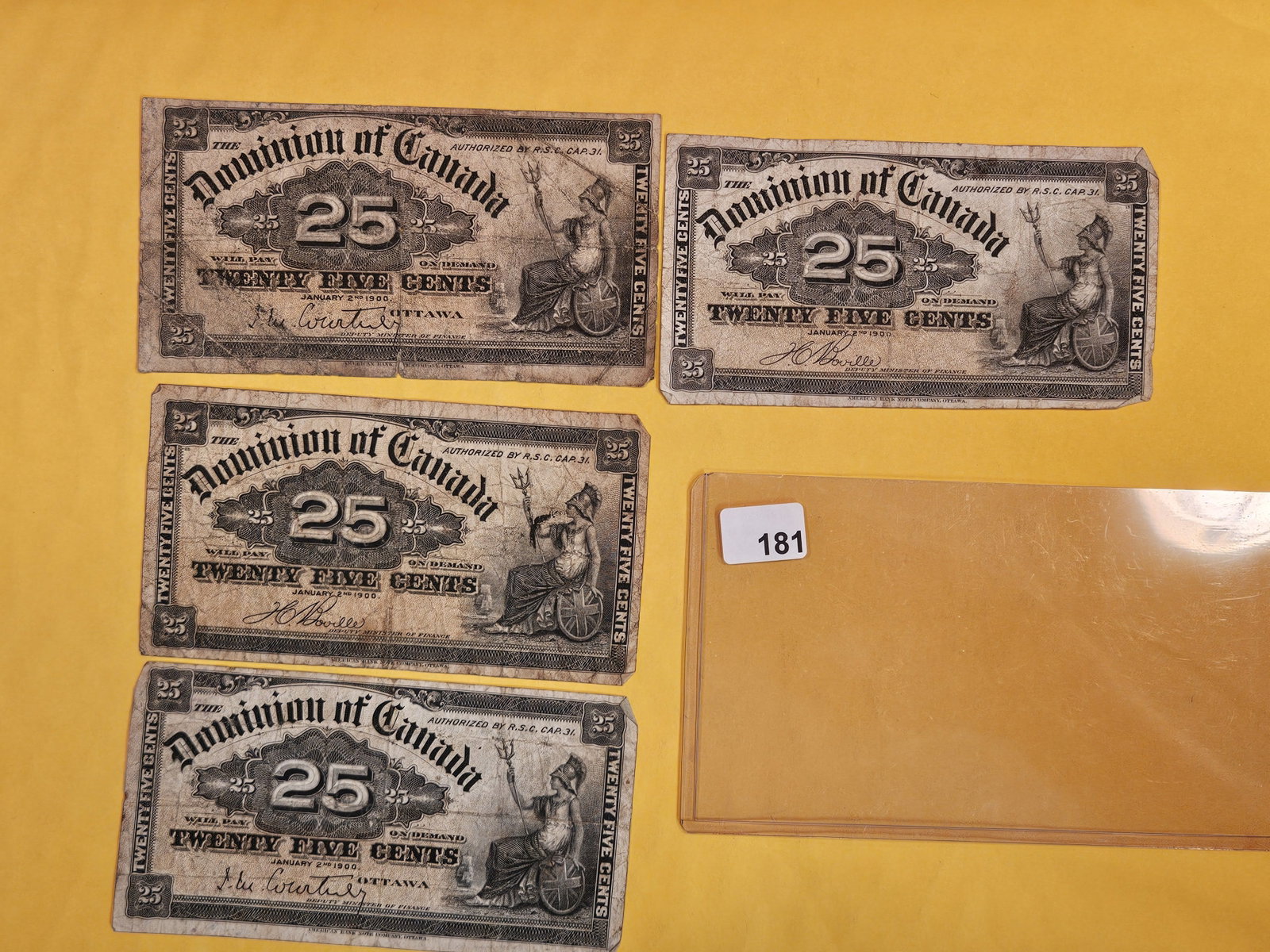 Four 25 cent Dominion of Canada notes: All well circulated