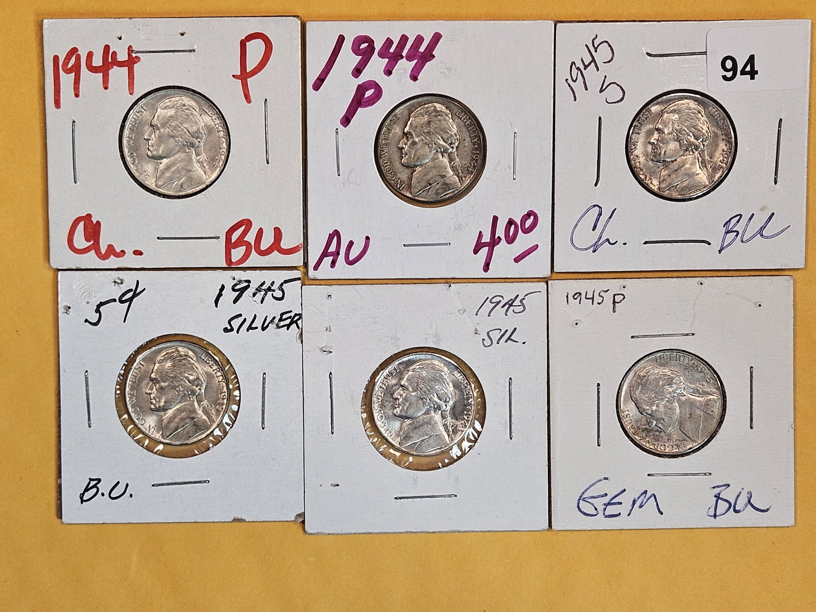Six mixed Silver wartime Jefferson Nickels: AU to BU