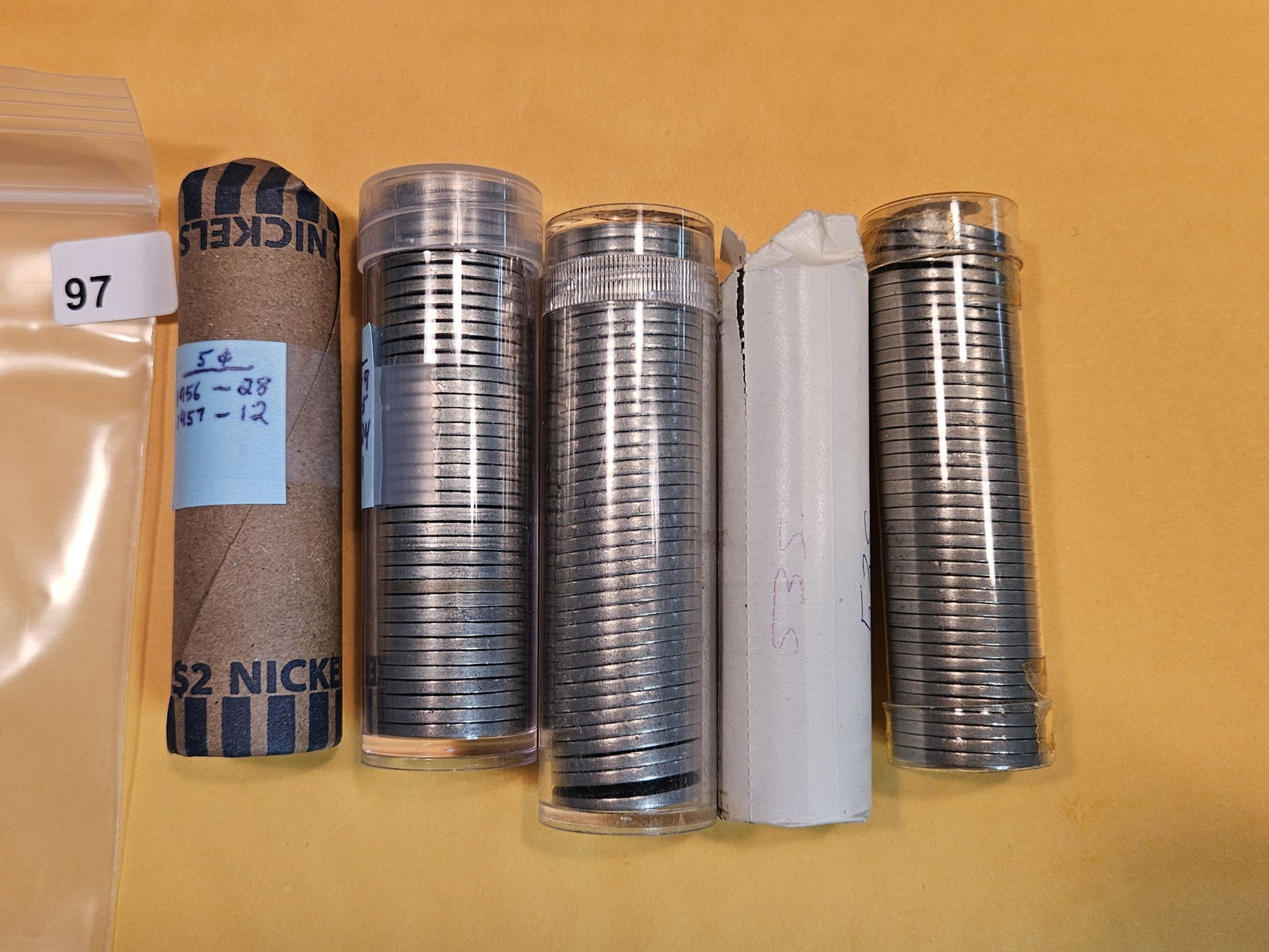 Five Rolls of Jefferson Nickels: Unsearched by us. Read the labels on the rolls for deets