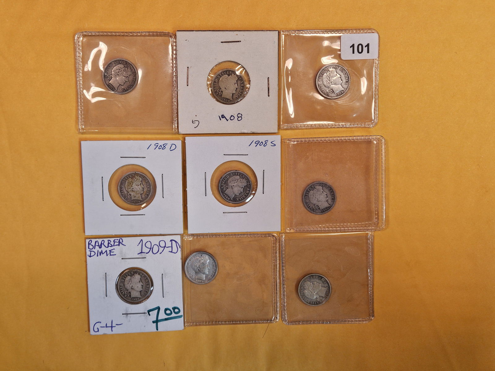 Nine mixed silver Barber Dimes (1 of 8)