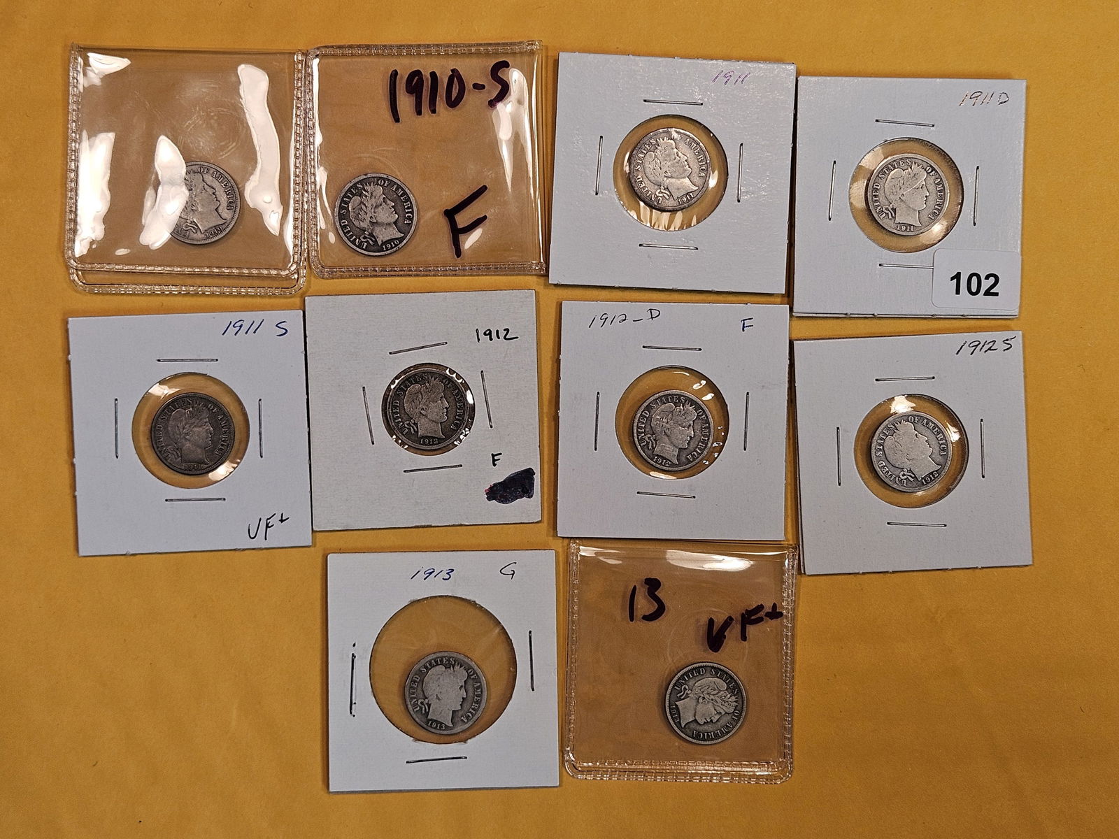 Ten mixed silver Barber Dimes (1 of 7)