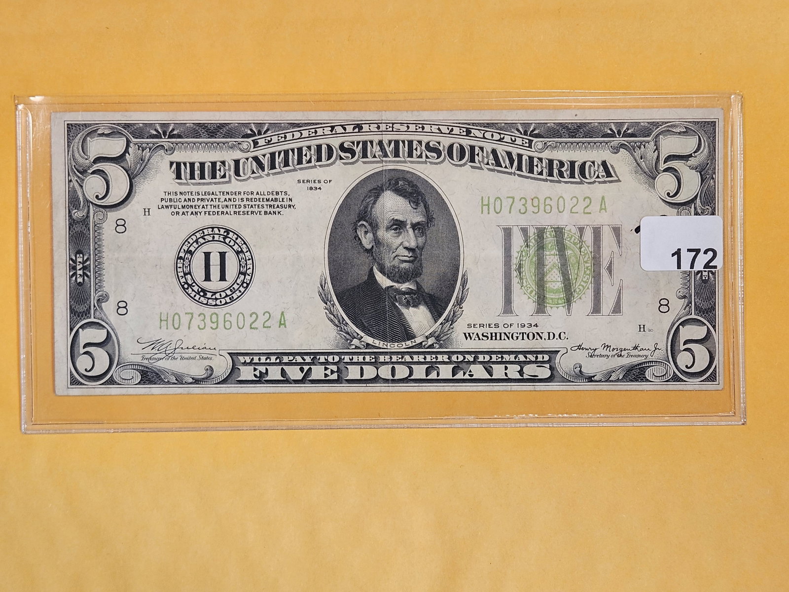 Series of 1934 Five Dollar FRN: Green Seal. St Louis. Maybe Extra Fine