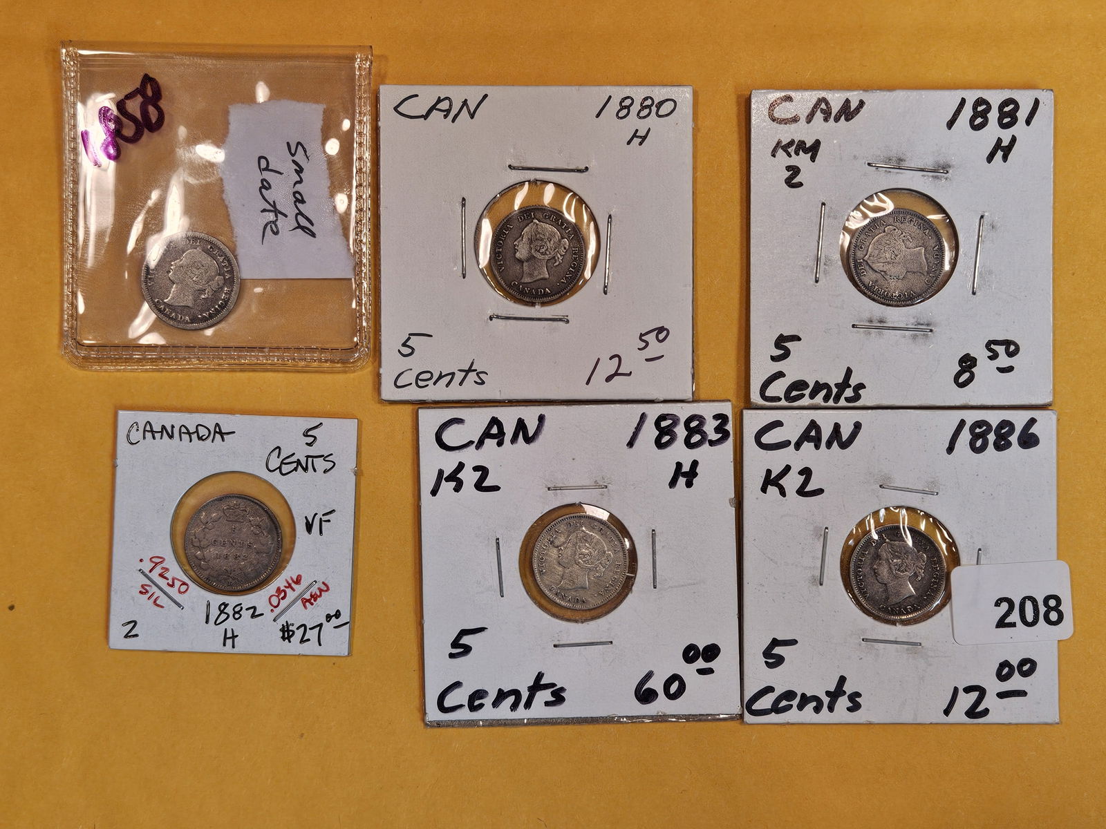 Six Canada silver 5 cents from 1858 through 1886 (1 of 6)