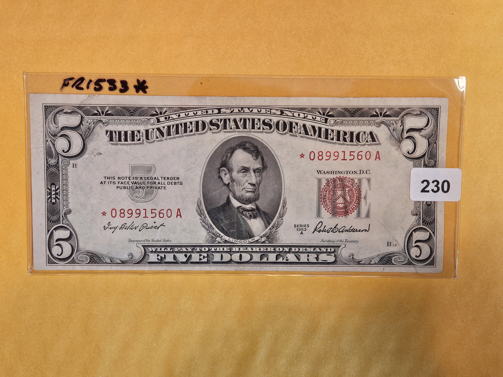 Series of 1953-A Five Dollar Red Seal US NOTE (1 of 2)