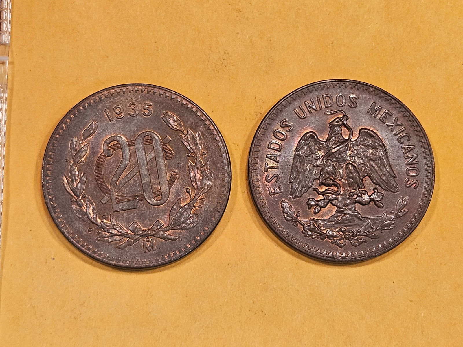 Two mostly-brown Choice Uncirculated Mexico 20 centavos (1 of 9)
