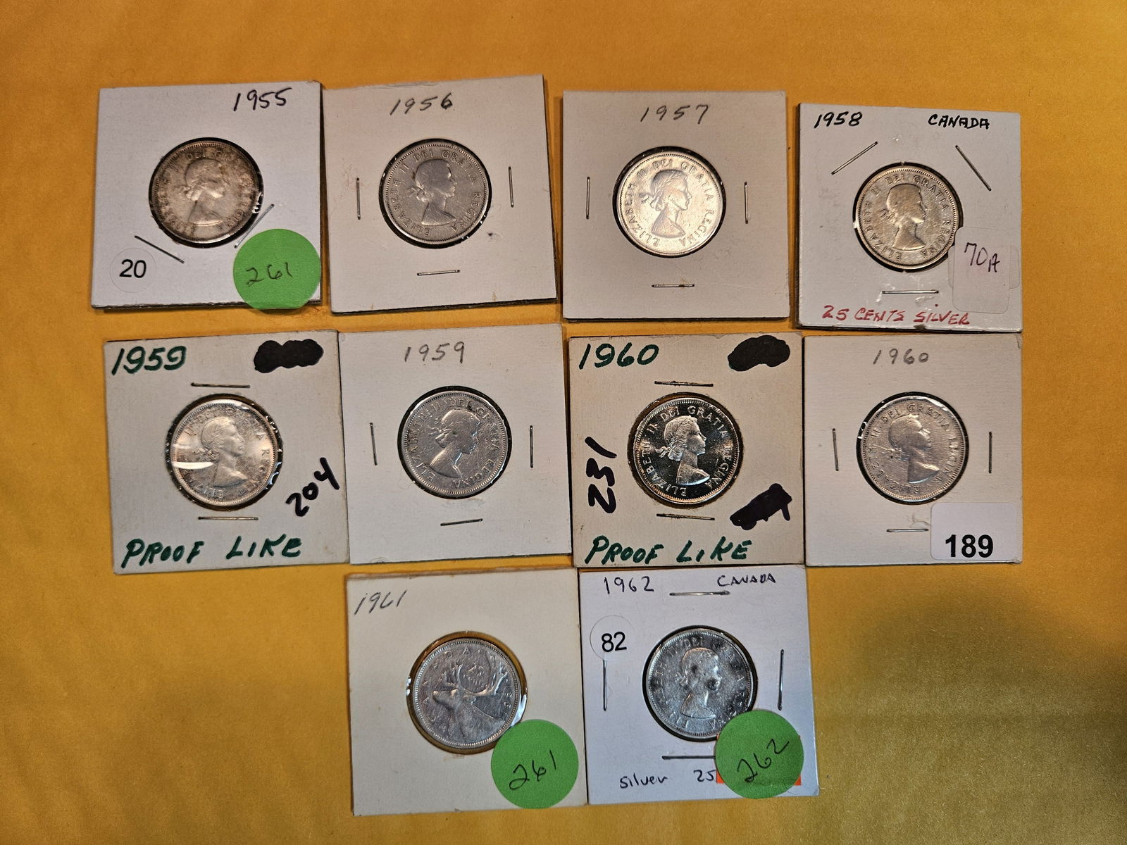 Ten mixed silver Canada 25 cents (1 of 6)