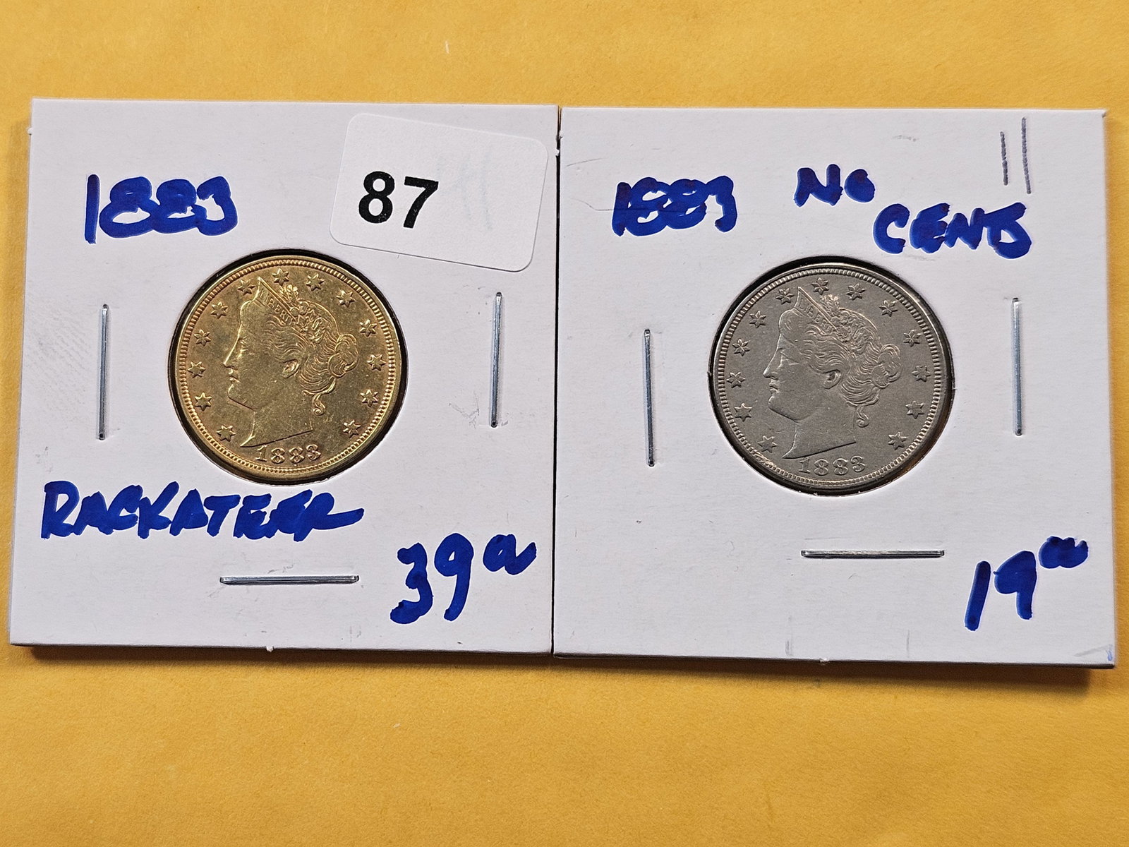 Two Liberty Head V Nickels: 1883 Racketeer Nickel Copy and 1883 "No Cents"