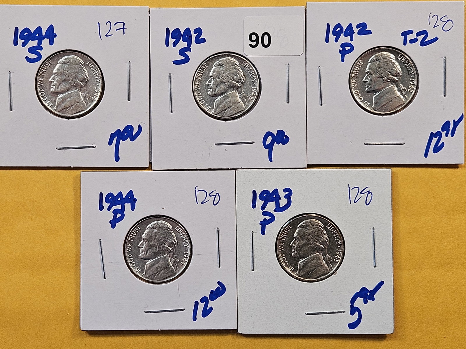 Five Wartime Silver Jefferson Nickels: 1942-P, 1942-S, 1943-P, 1944-P and 1944-S