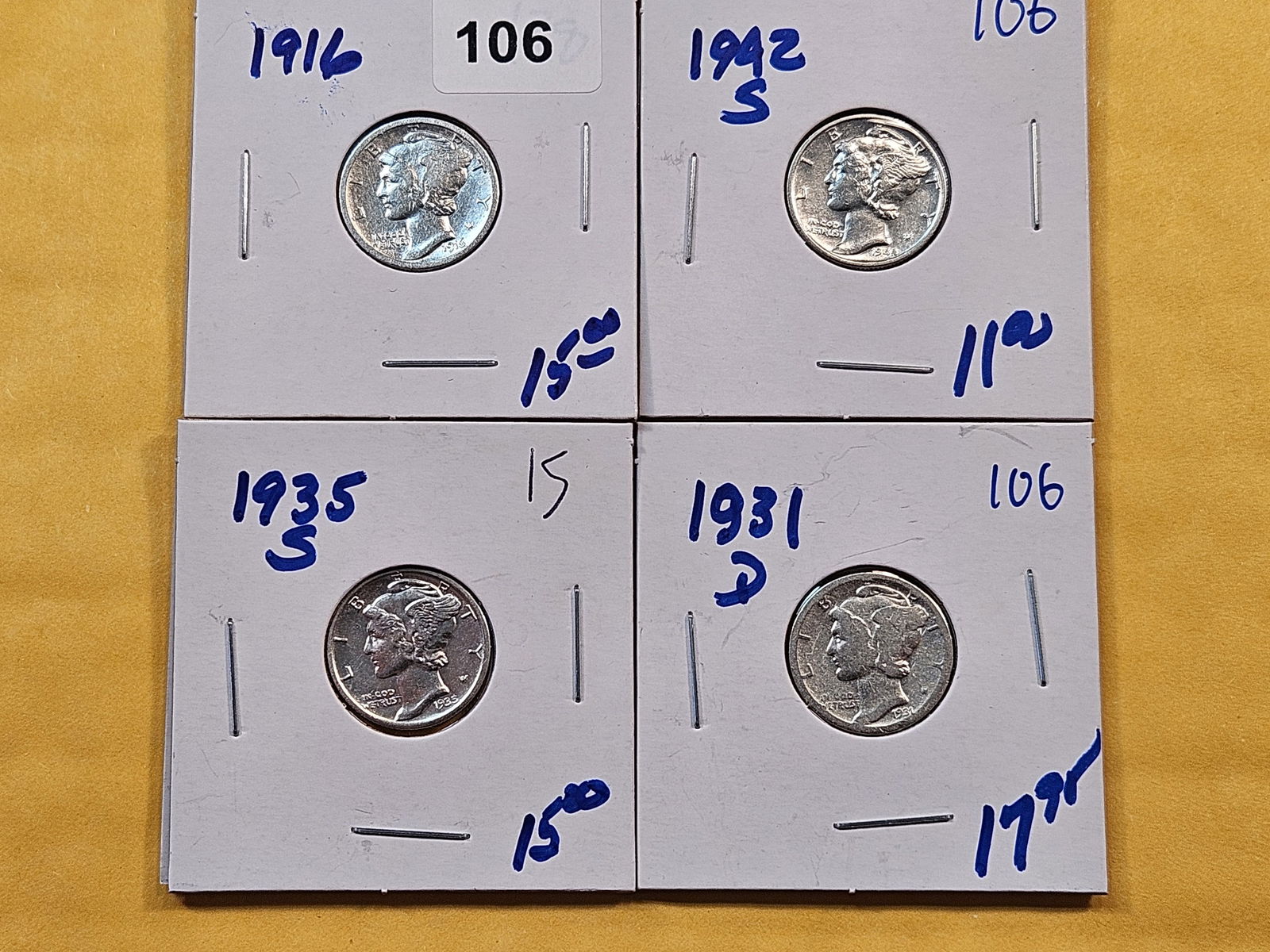 Four Lightly Circulated Mercury Dimes (1 of 2)