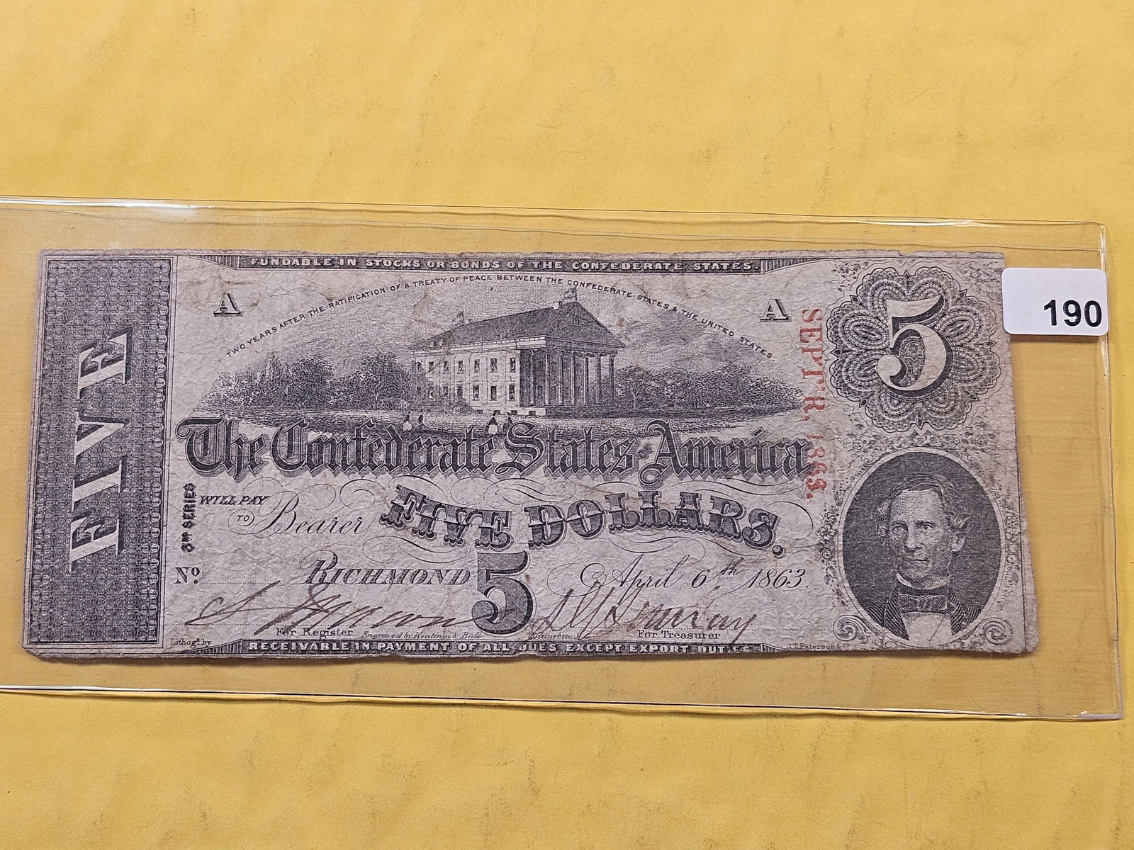 Series of 1863 Five Dollar Confederate Note (1 of 2)