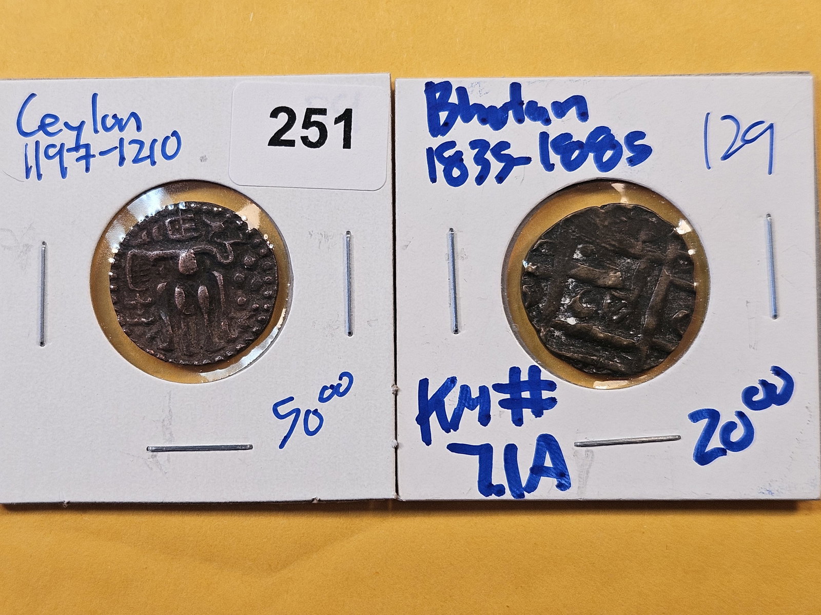 Two Bronze World Coins: 1197-1210 Ceylon Bronze Mas Monkey Coin and 1835-1885 Bhutan Coin, KM# 7.1A