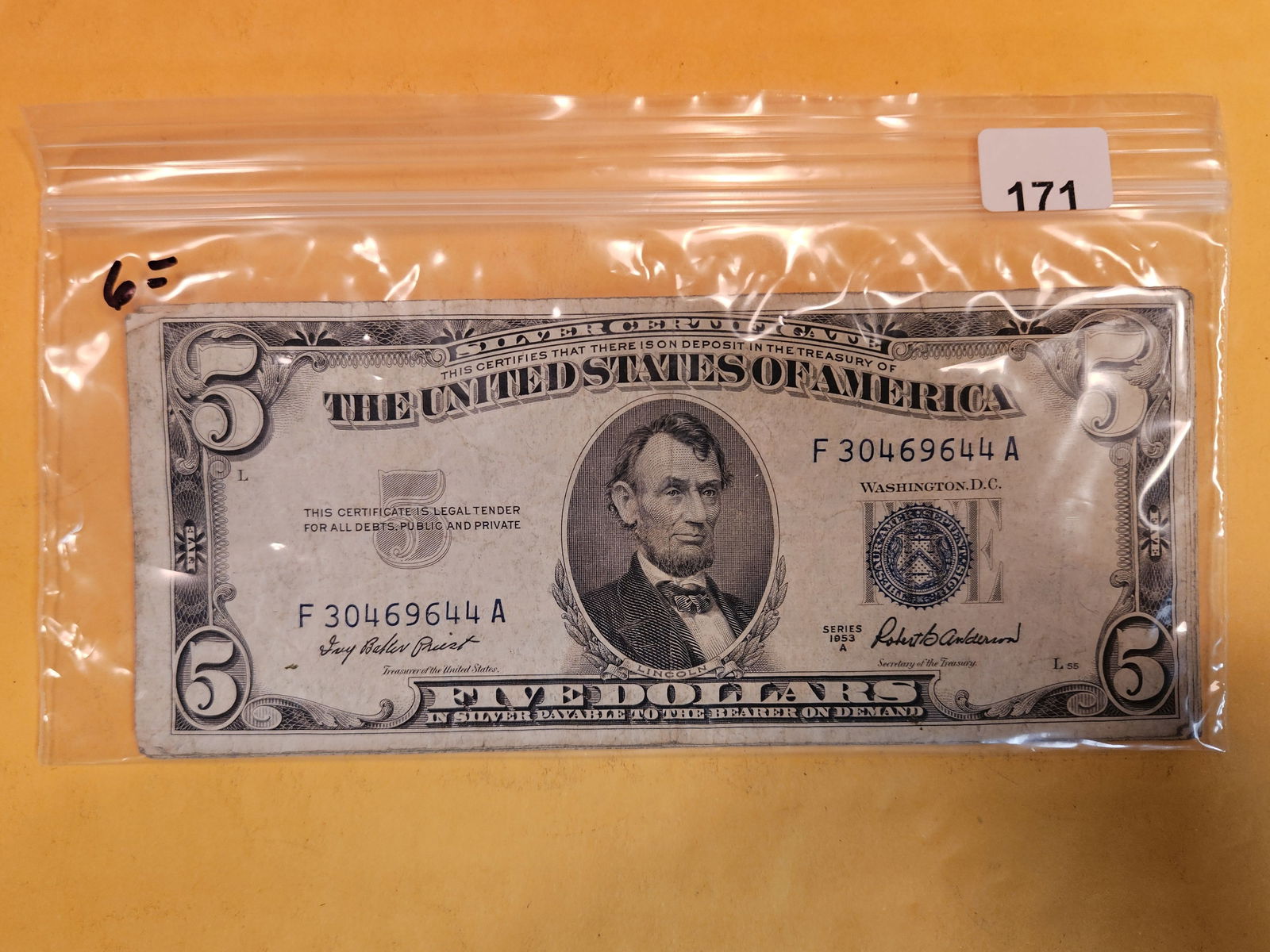 Six $5 silver certificates (1 of 2)