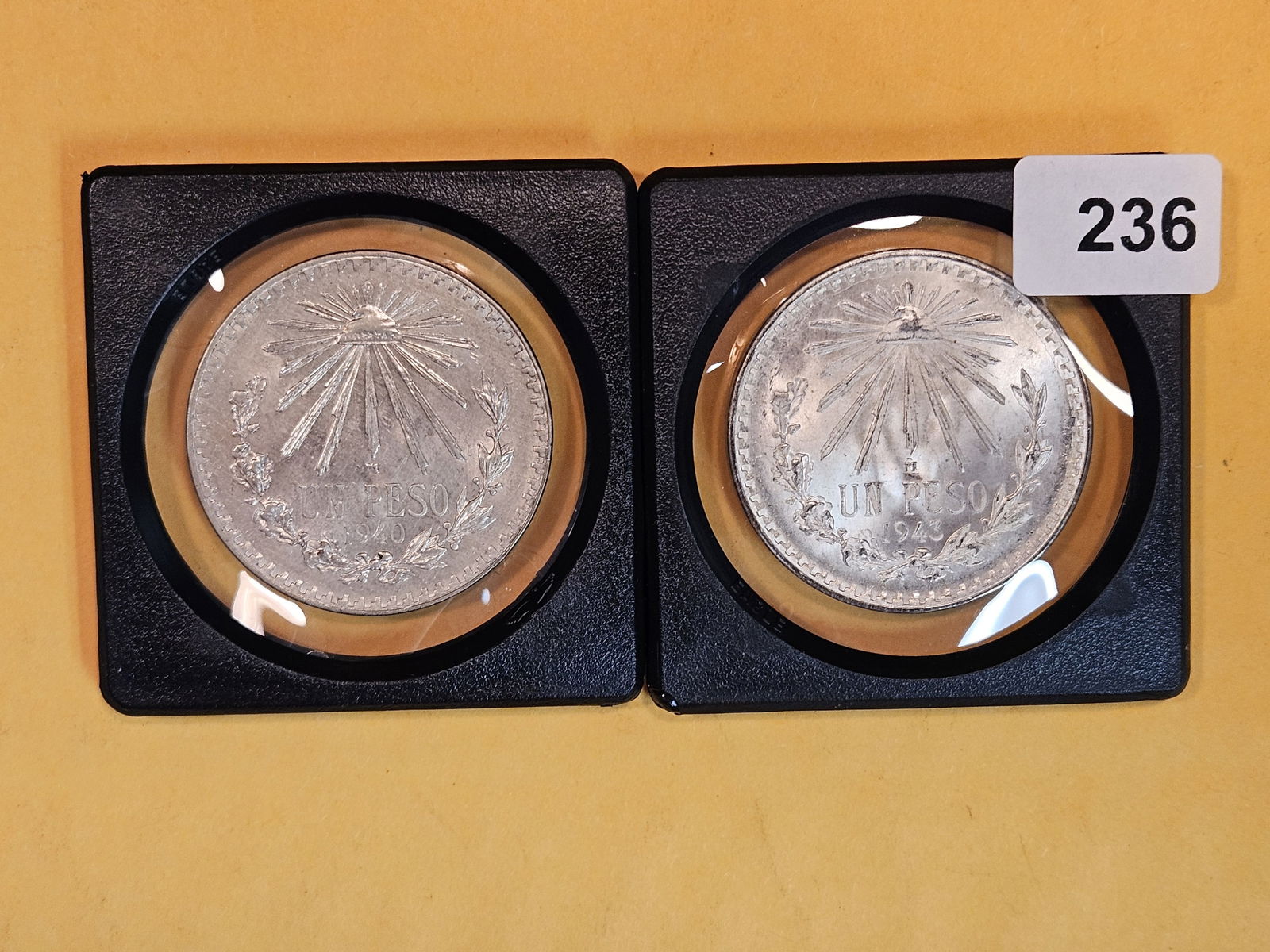 Two Choice brilliant Uncirculated Mexican silver pesos (1 of 4)