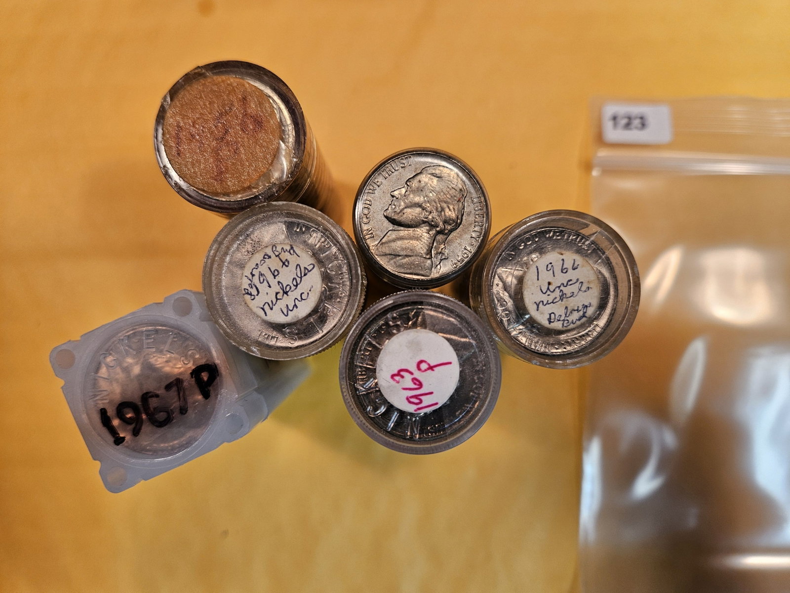 Six Brilliant Uncirculated Rolls of Jefferson Nickels: 1956, 67, 60, 59, 63, 66. Unopened by us. Didn't check mintmarks, just read off the labels