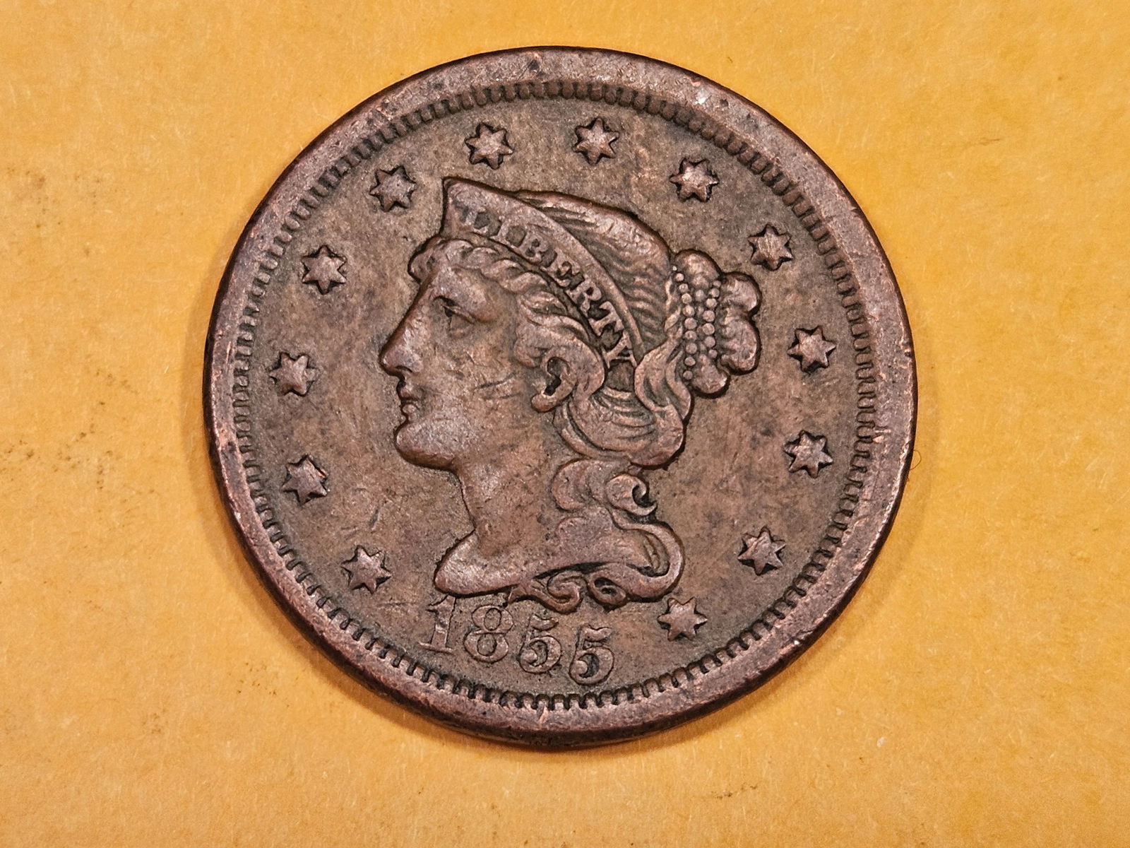 1855 Straight 5's Braided Hair Large Cent (1 of 3)