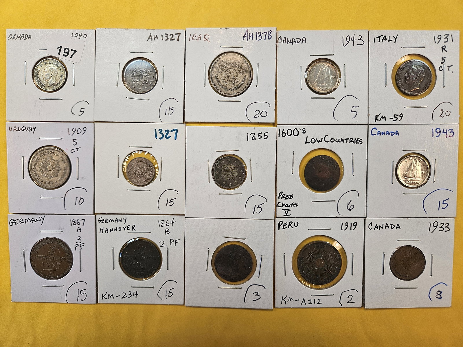 Fifteen Mixed World Coins, Some are Silver: Including Uruguay, Germany, Canada, Peru and More!