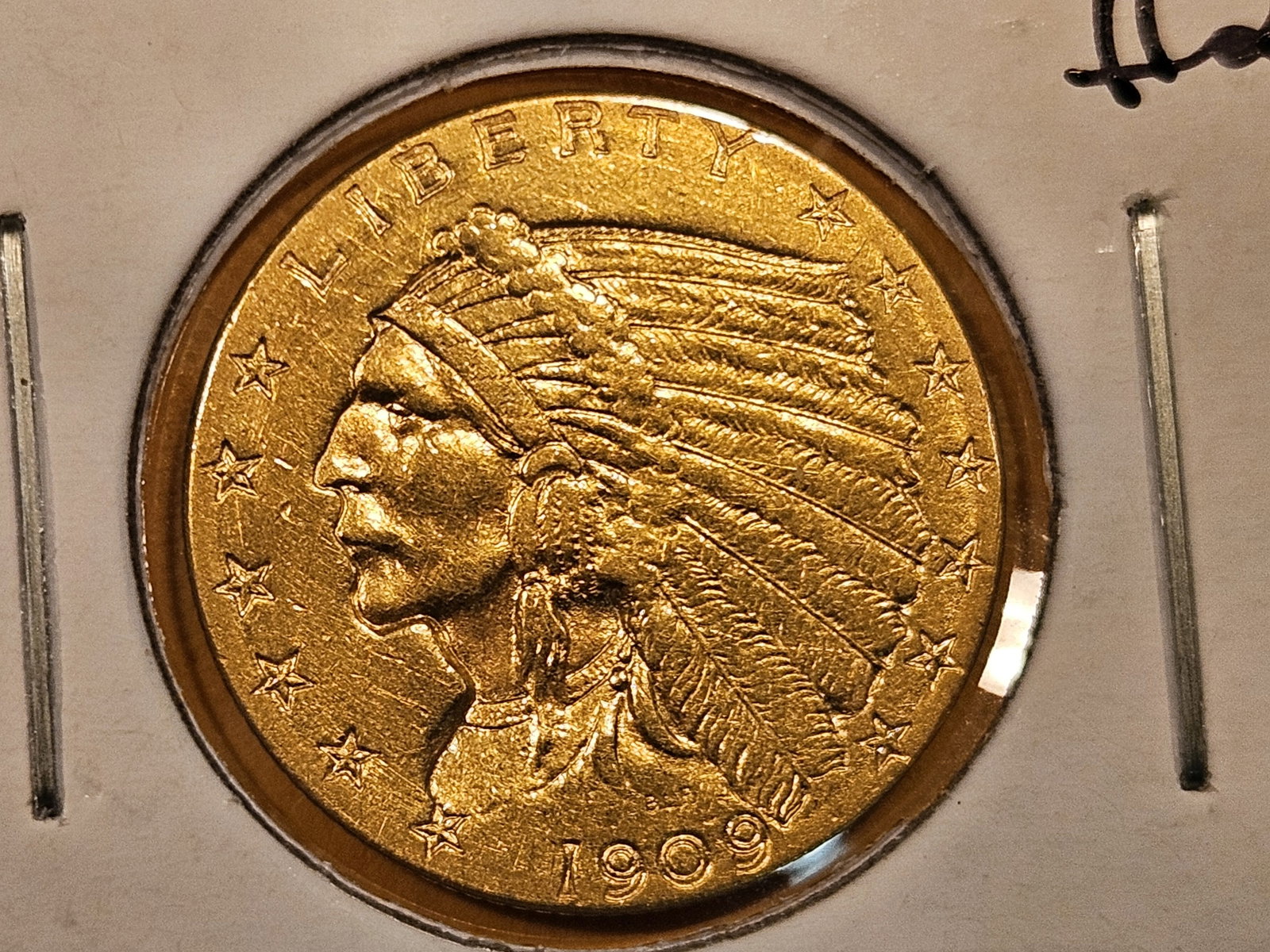 GOLD! Brilliant About Uncirculated plus 1909 Gold Indian $2.5 dollar: Quarter Eagle