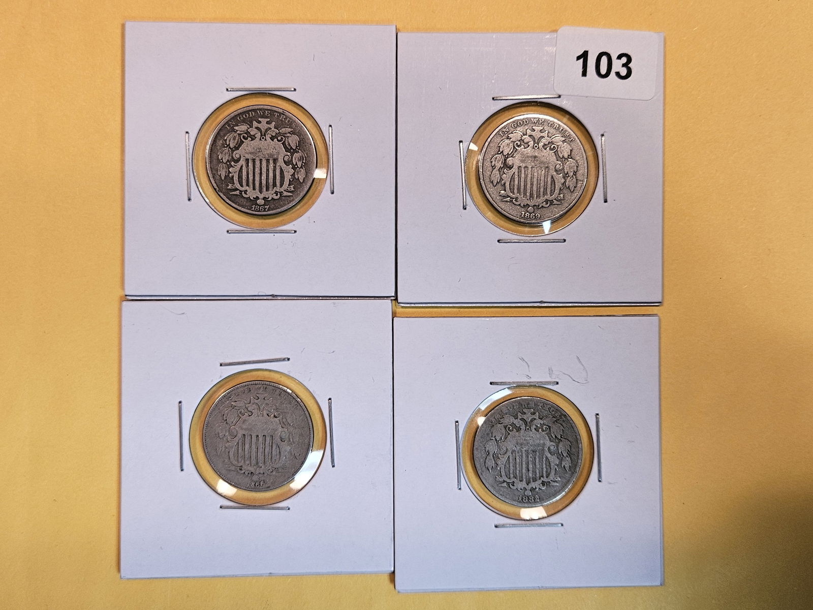 Four mixed Shield Nickels (1 of 4)