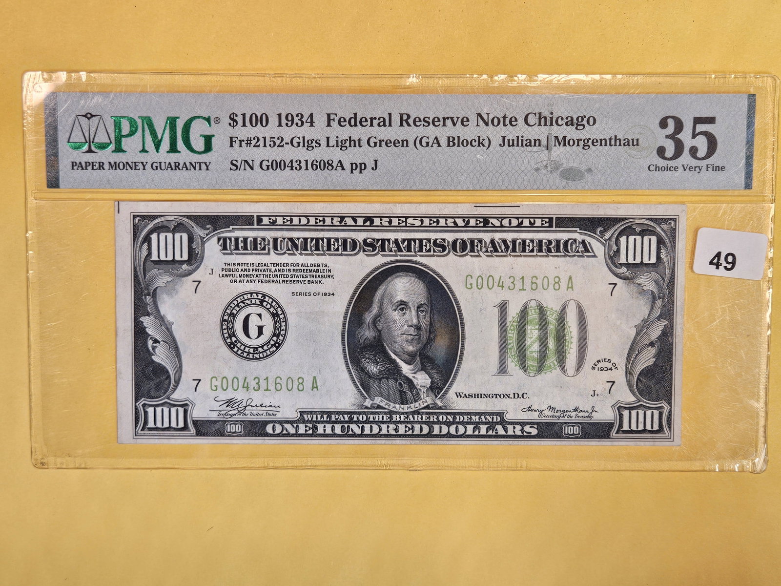PMC 1934 One Hundred Dollar Federal Reserve Note in Choice Very Fine - 35: Light Green Seal. FR 2152